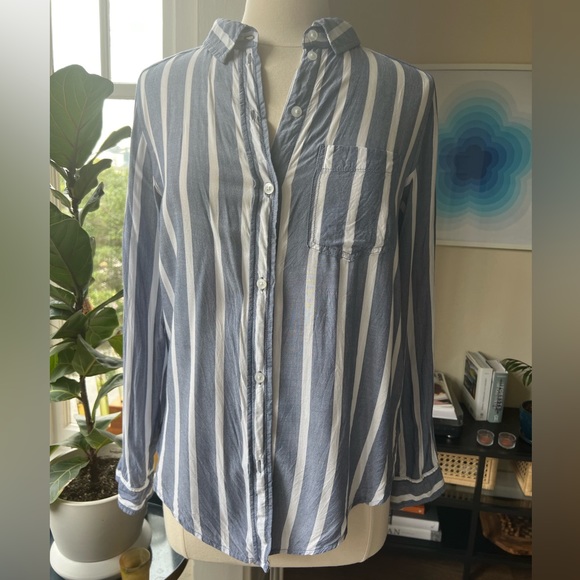 American Eagle Blue White Stripe Button Down Long Sleeve Blouse Size XS - Picture 4 of 6